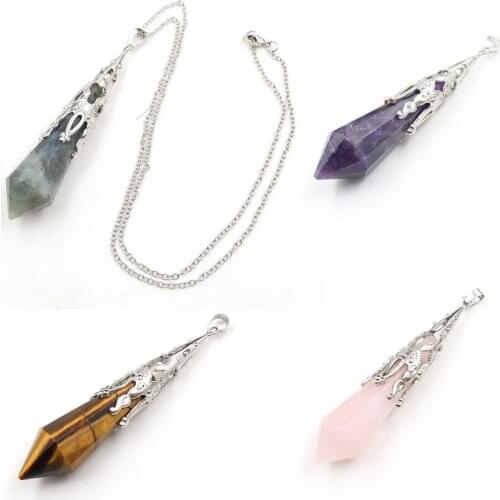 YJXP 12 Faceted Cone Shaped Pendant Necklaces Hexagonal Natural Stone Reiki Healing Point Link Chain Necklace Women Men Jewelry