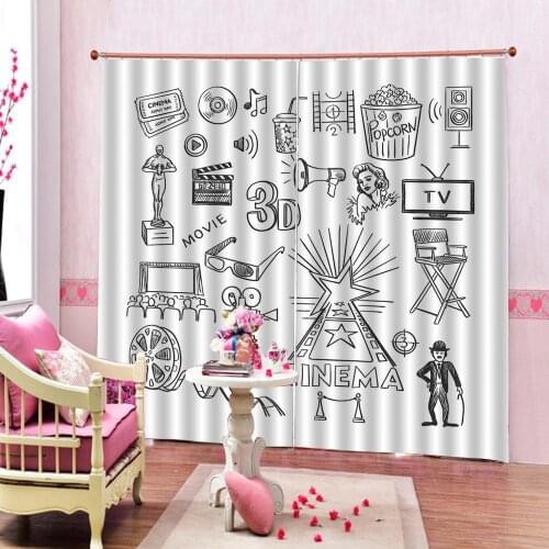 Custom Movie Theater Curtains Production 3D Film Reels Clapperboard Tickets Popcorn and Megaphone TV Living Room Home Drapes