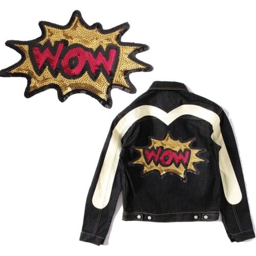 Iron on Letters WOW Patches for Clothing Stripes Glitter Sequin Badges on Clothes Embroidered Patches for T-shirt DIY Applique G