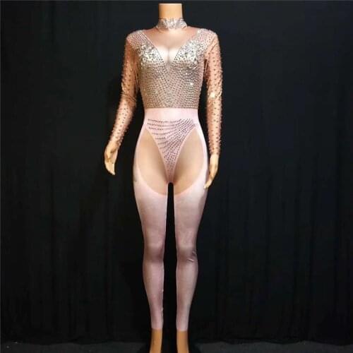 X69 Female pole dance dress singer stage costumes ballroom wears bodysuit printing rhinestone jumpsuit diamonds clothe party dj
