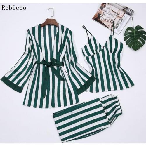 Striped Sexy Women Pajamas Nightgown+Robe+Pant Female 3 Pcs Pajama Set
