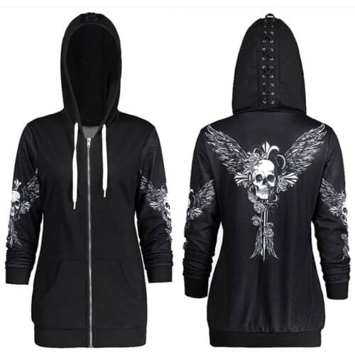 2021 Retro Punk Skull Wings Printed Black Womens Hoodie Long Sleeve Casual All-match Streetwear Slim new Sweatshirt