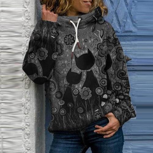 40#Fashion Women Hoodies Cute Cat Animal Printing Long Sleeves Pullover Sweatshirt Autumn Elegant Daily Casual Warm Basic Tops