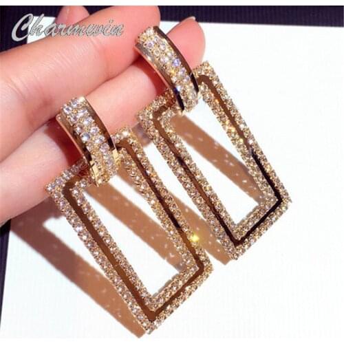 Dangle Earrings Women Long Earrings Fashion Jewelry Exaggerated Gold Silver Color Rhinestone Rectangular Earrings