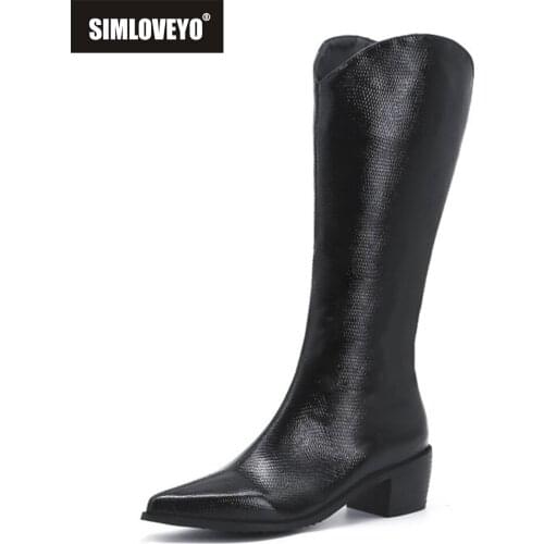 SIMLOVEYO Vintage Square High Heel Wide Leg Knee High Boots Women Shoes Pointed Toe Western Style Zipper Big Size 34-48 S2359