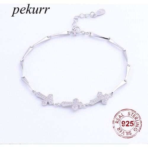 Pekurr Real 100% 925 Sterling Silver 3 CZ Zircon Cross Bracelet For Women Girls Fine Silver Jewelry Bangles High Quality