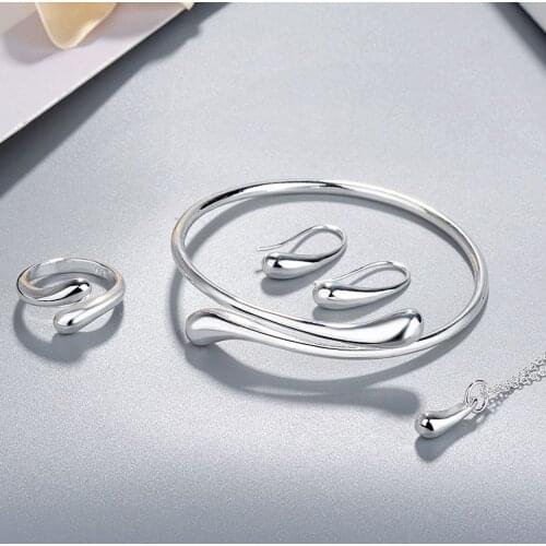Fashion Silver Color Jewelry Set Engagement Bridal Choker Necklace Earring Ring Bracelet For Women Party Jewelry Gift jz370