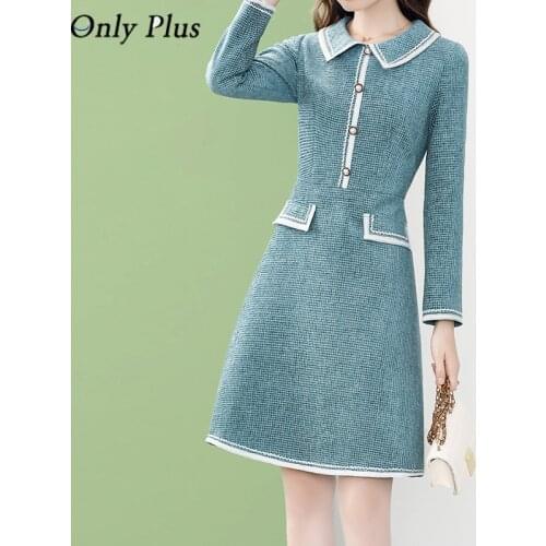 Only Plus Blue Tweed Dress Women Peter Pan Collar Fashion Slim Knee Length A-Line Dresses Button Sweet Winter French Vestidos