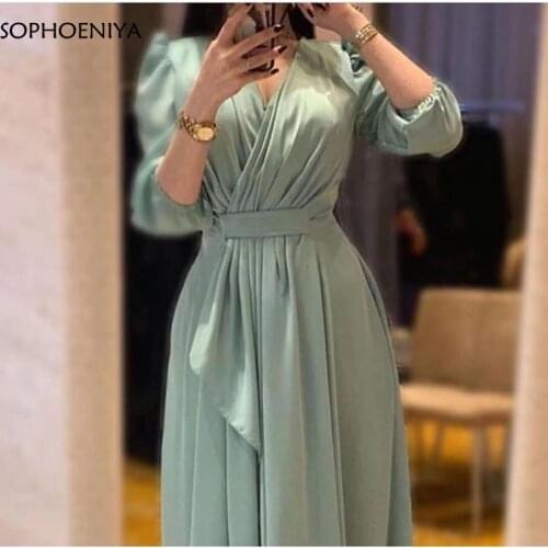 New Arrival V Neck Sky blue Formal dress evening gown 2021 Three quarter sleeve Robe de soiree musulman Evening dress