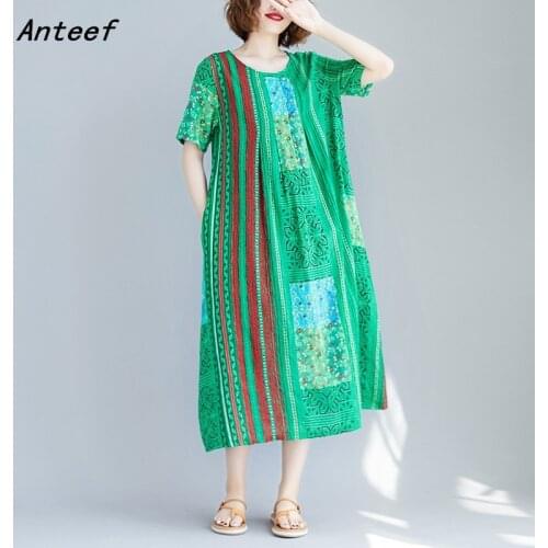 Short sleeve plus size cotton linen vintage floral dresses for women casual loose long summer sun dress elegant clothes 2021