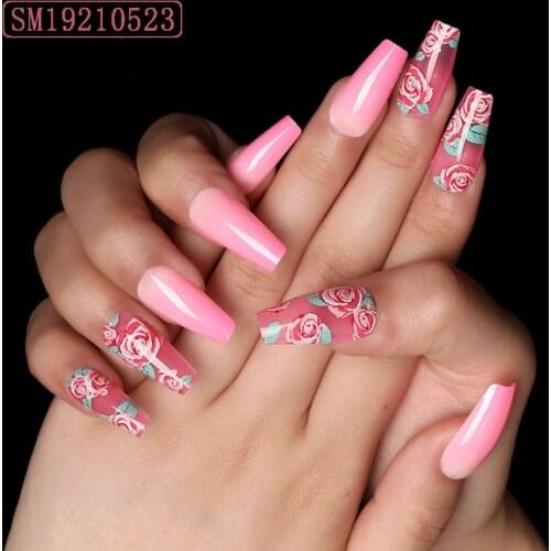 24pcs Artificial Nails With Glue Long Rose Pink Transparent Wearable Nail Stickers Finished Fake Nails Press On With Designs DL