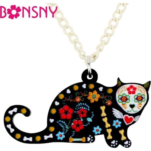 Bonsny Acrylic Novelty Halloween Floral Cat Necklace Pendant Collar Fashion Cartoon Animal Jewelry For Women Girl Teens Bulk Pet
