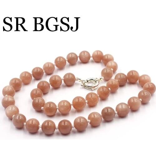 Free Ship 10mm Sun Stone Round Beads Knot Genuine Stone Chocker Women Jewelry Necklace Strand 17.5inch