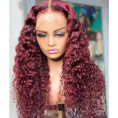 Burgundy 26 Inch Long Kinky Curly 180%Density 99j Synthetic Lace Front Wig for Black Woman With Babyhair Glueless Heat Resistant