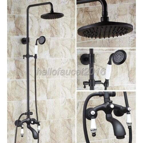 Black Oil Rubbed Brass Wall Mounted 8" Rain Shower Mixer Faucet Set Bathroom Clawfoot Bathtub Mixer Taps Ceramic Handles lhg136