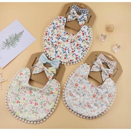 Baby Headbands+ Tassel Saliva Towel Kit Newborn Floral Print Double Side Bibs Bandana Burp Cloths Feeding Hair Band