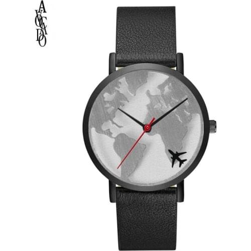 Men And Women World Map Watches Leather Band Quartz Movement Timer Airplane Pattern Clock