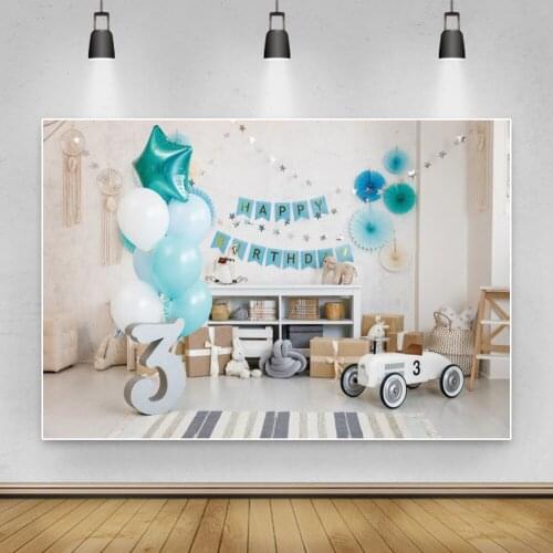 Laeacco Birthday Backdrops Blue Balloon Star Car Gift Wooden Floor Baby Portrait Photographic Background For Photo Studio Props