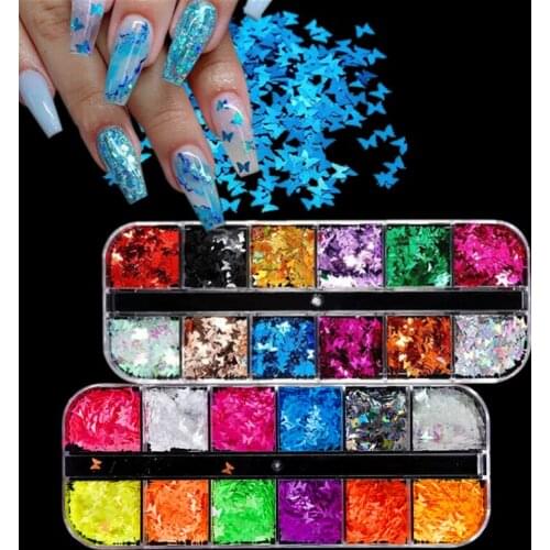 24Grid Holographic Butterfly Love Sequins Nail Art Glitter Slices Flakes 3D Mixed Color Sparkly Gel Polish Manicure Decorations