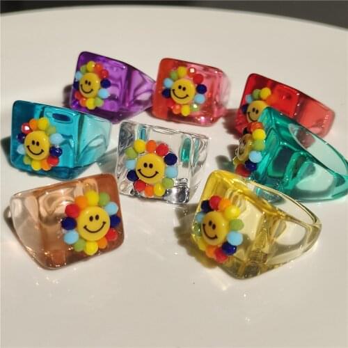 HANGZHI 2021 New Korean Transparent Geometric Colorful Yellow Smiley Sunflower Square Resin Rings for Women Party Jewelry Gifts
