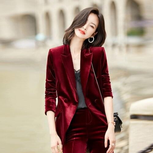 IZICFLY Winter Autumn High Quality Velvet Office Ladies Suit with Pant Two Piece Women Business Blazer Set For Interview Work