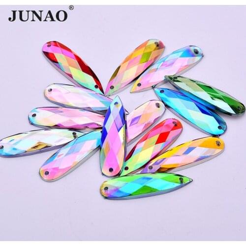 JUNAO 100pc 8*28mm Top Quality Mix Color Drop Crystal Rhinestones Sew on Flatback Beads Decorative Stones for Needlework