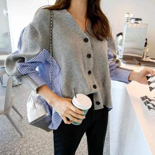Cardigan Sweater Female Stripe Patchwork Button-up Lovely V-neck Women Autumn Casual Streetwear Knitting Tops Sweaters