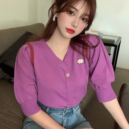 Korean Vintage Cardigans Sweaters V Neck Short Sleeve Single Breasted Stretch Knitted Crop Tops Women Jumpers pull femme