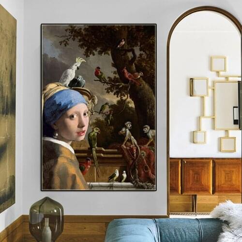 Creative Design Famous Painting Monkey and The Girl with Pearl Earring Canvas Wall Art Decor Classical Oil Painting Poster Decor