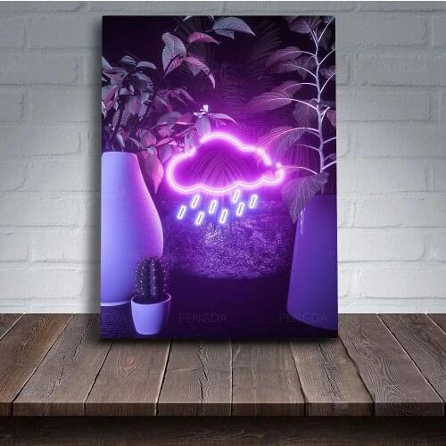 Modular Neon Light Canvas Painting Prints Wall Art Cloud Rain Pictures Modern Home Decor Retrowave Poster For Living Room Frame