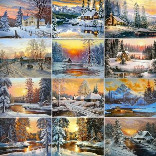 MomoArt Diamond Mosaic Winter Landscape Picture Of Rhinestone House Diamond Embroidery Cross Stitch Set Painting Sunset Wall Art