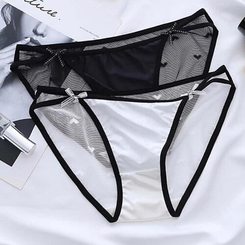 Soft Breathable Net Yarn Bowknot Briefs Lingerie Low Rise Thin String Underpants Women Lace Mesh Heart Pattern Panties Underwear