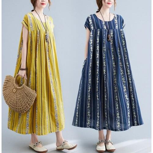 Extra Large Size Womens Clothing 2021 New Summer Cotton And Linen Dress O-Neck Short Sleeve Printed Midi Dress Female zh1145