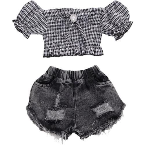 2-9Y Summer Fashion Kids Baby Girls Clothes Sets Plaid Print Short Sleeve T Shirts Tops Denim Shorts 2pcs
