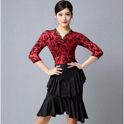 New Female Latin Dance Dress Long Sleeve Black/Red Tops Practice Skirt Ballroom Dance Competition Dress Rumba Dancewear DQL3042