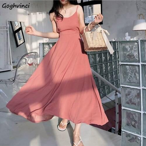 Dresses Women Empire Sleeveless Solid Bow A-line Ankle-length Spaghetti Strap Backless Sexy Beach Party Holiday Vestidos Trendy