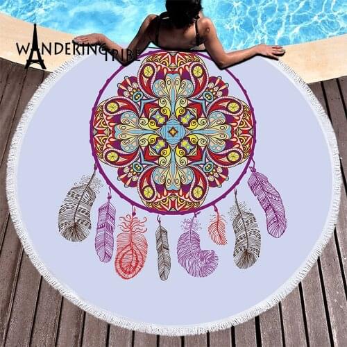 Mandala Wind Chimes Beach Towel Colorful Dream Catcher Round Bath Towel with Tassel Towels Blanket Large Round Beach Mat Toalla