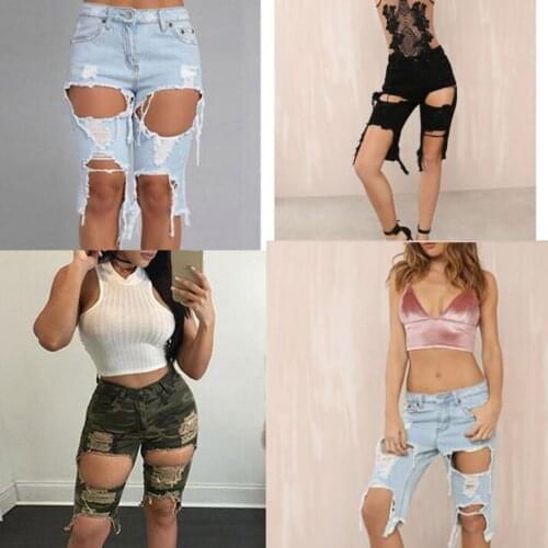 Casual Boyfriend Style Women Knee Length Casual Shredded Hole Ripped Hollow out Denim Jean Shorts
