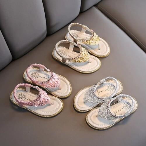 Little Girl Shoes Summer Baby Girls Sandals Toddler Infant Kids Slip on Pearl Crystal Single Princess Roman Girls Slipper Sandal