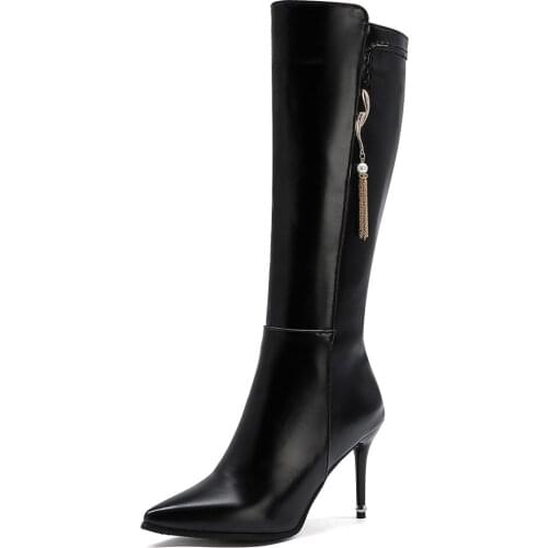 Pointed Toe Tassel Ultra-High Stiletto Patent Leather Knee-Length Boots Plush High-Heeled Boots Side Zipper Metal Decoration