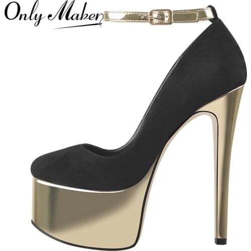 Onlymaker Concise Gold Platform Stiletto High Heel Pumps Black Faux Suede Ankle Buckle Large Size Elegant Wedding Shoes