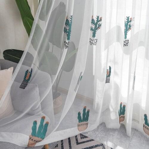 Cactus Embroidered Window Screen Green Balcony Bay Window Curtains for Bedroom Living Room