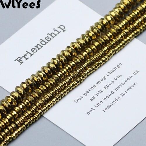 WLYeeS Plating Hematite beads Gold faceted Flat Round Stone 4 6 8 10mm Loose Spacer Bead For Jewelry Bracelet Earring Making DIY
