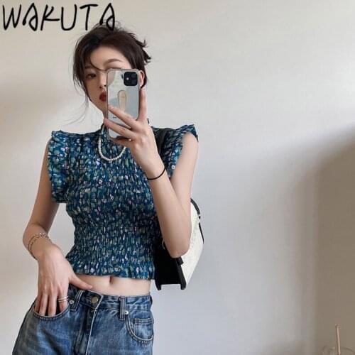 WAKUTA Korean Street Fashion Tree Funfus Sleeveless Blouses Shirts Bodycon Slim Floral Tops Round Neck Elegant Summer 2021 9F584