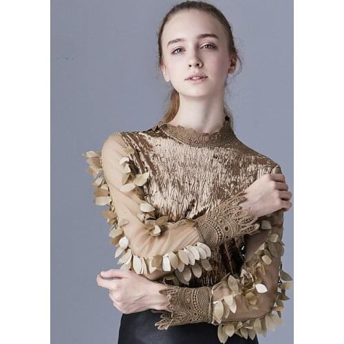 Women Velour Lace Long Sleeve Blouse Female Black Vintage Tops Puls Size Ladies Korean Fasion Elegant Bodycon Howllow Out Blouse