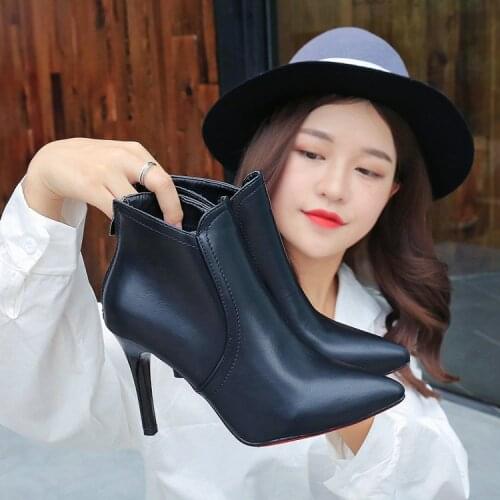 Womens boots ankle boots thin heel womens dress black Microfiber with short barrel pointed PU Leather Ankle Boots