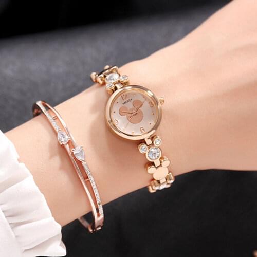 Genuine Disney Ladies Womens Watches Mickey Avatar Shaped Watch Chain Diamond Clock Student Girl Wrist Watch With Box