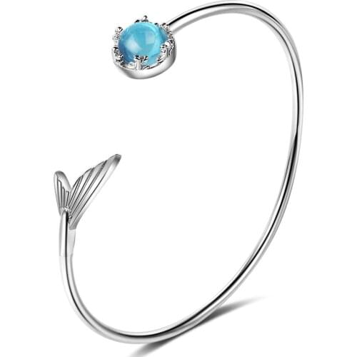 Tail Fish Mermaid Tear Blue Crystal Fairy Bling Adjustable Cuff Bangle Bracelet For Women Dainty Jewelry Gifts For Girls