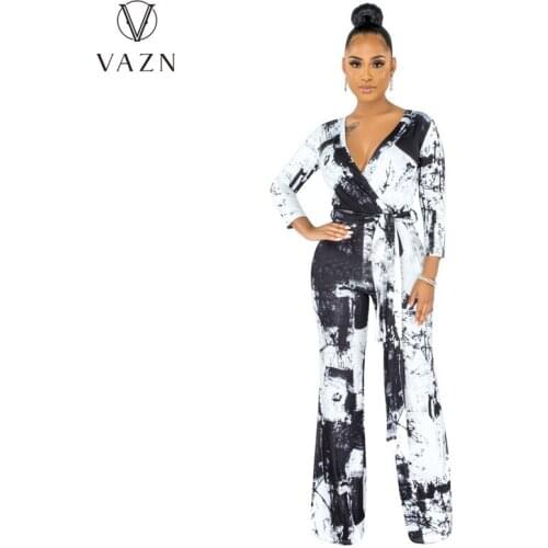 VAZN 2021 Autumn High-end Chiffon Young Sexy Office Lady Full Sleeve V-Neck Fashion Long Wide Leg Pants Women Jumpsuit