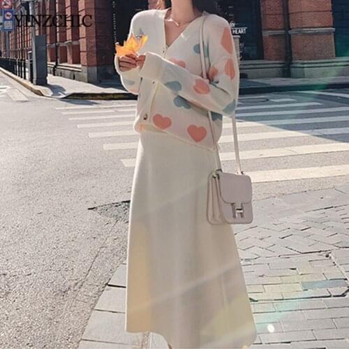 Autumn New Womans Knitted Set Female Casual Two-pieces Suits Warm Knit Sweater Skirt Sets for Woman